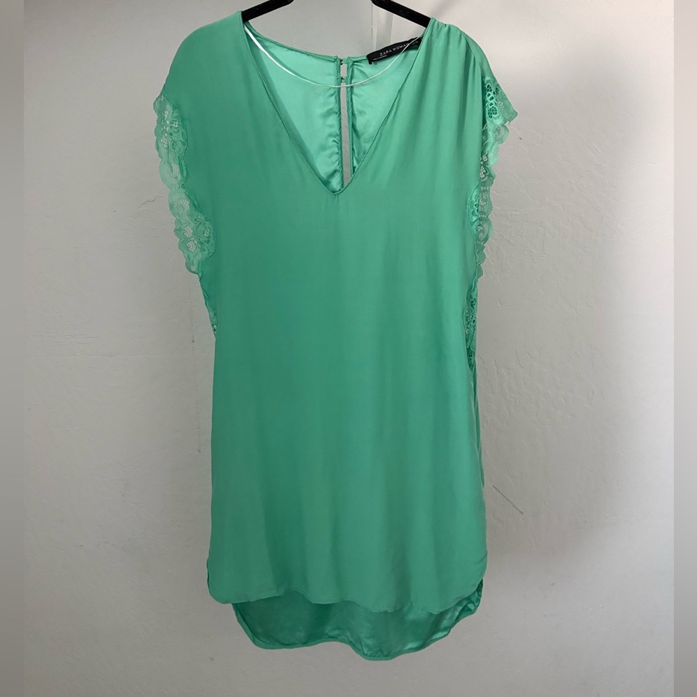 Zara Bluish-Green Lingerie Look Lace-Trimmed Silk Dress